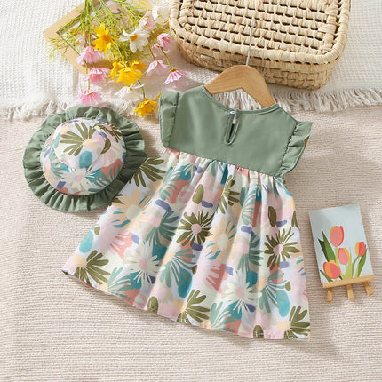 New Summer Baby Girl Floral Dress Girl Sleeveless Pure Cotton Newborn Birthday Dress Comes with Sun Hat