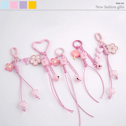 Cute Cherry Blossoms Pendant Keychain Creativity Heart Shape Beaded Woven Rope Small Bell Design Bag Hanging Piece Gift A227