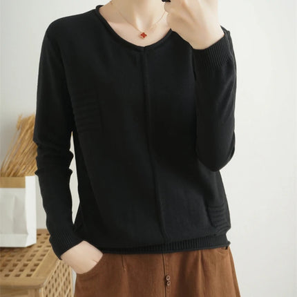 2023 Autumn/Winter Women's New Pullover Casual Solid 100% Cotton Knitted V-Neck Loose Sweater Fashion Soft Breathable Top