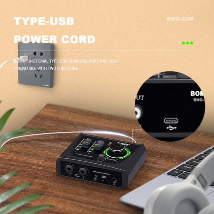 BOMGE 22M Audio Interface Sound Card console Mini USB Mixer for Guitar Recording Studio Singing for Guitar Podcasting Recording