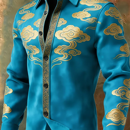 New Men's Long Sleeved Shirt with 3D Color Ink Print Design, Fashionable and Luxurious Print, Comfortable and Soft Top