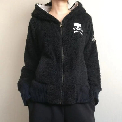 Y2k Lamb Wool Jackets Women Gothic Hoodies Cross Skull Grunge Zipper Sweatshirts Vintage Casual Hooded Coats Haraiuku Streetwear