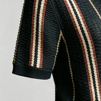 Men's Vintage Striped Knit Polo Shirt, Casual Summer Short Sleeve Top for Daily Wear & Weekend Outings