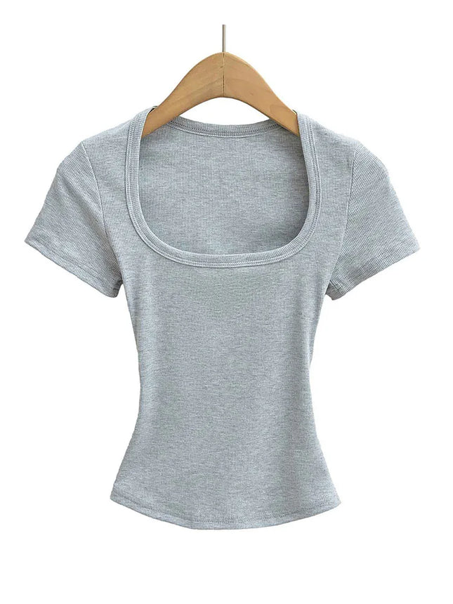 Square Collar High Stretch Summer Crop Tops Women Short Sleeve Tops Sexy Pullover Bottoming Blouses Slim T-shirt