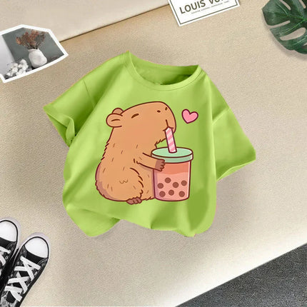 2025 Summer New Cute Animal Kapibala Fashion Printed Children's T-shirt Short Sleeve Fashion Pure Cotton Children's Clothing