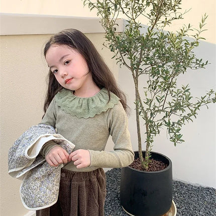 1-12 Years Long-Sleeved Shirts Children's Spring Knitted Tops Baby's Lace 2025 Lace Base Shirt Korean Girls Ruffle Collar T-shirt