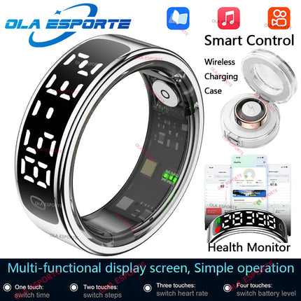 Smart Ring LED Touch Display Screen Health Monitor Gesture Control Wireless Charging Case Sport Waterproof Ring Men Women 2025