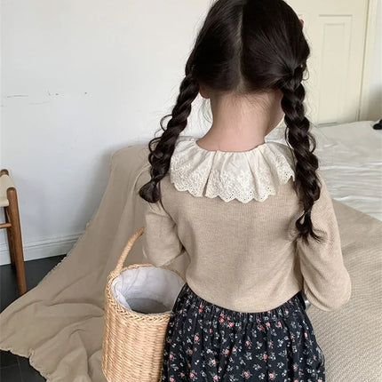 1-12 Years Long-Sleeved Shirts Children's Spring Knitted Tops Baby's Lace 2025 Lace Base Shirt Korean Girls Ruffle Collar T-shirt