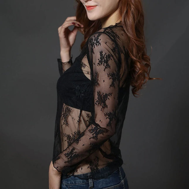 Women Half High Collar Lace Bottomed Blouse Spring And Autumn  Hollow Mesh Top Sexy Western-style Long Sleeve T-shirt Crop Top