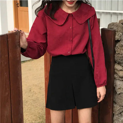 Casual Base Layer Top Autumn Collection Fresh Korean Style Doll Collar New Model Long Sleeve Shirt Women's Top