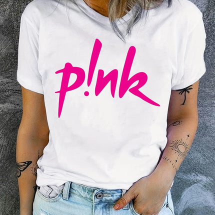 Women's Pink Creative Letter Fashion Harajuku Printed T-shirt Summer Short Sleeve Round Neck Casual Fashion Woman Clothing