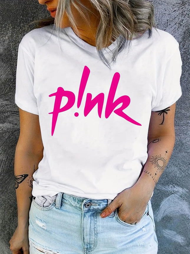 Women's Pink Creative Letter Fashion Harajuku Printed T-shirt Summer Short Sleeve Round Neck Casual Fashion Woman Clothing