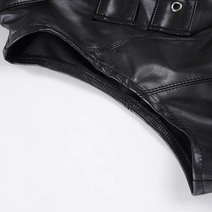 SUCHCUTE Retro Punk PU Leather Vest With Sleeve Cover Women Gothic Black Sleeveless Turtleneck Top Y2K Metal Decorative Clothing