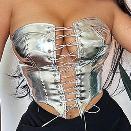Sexy Y2K Clothes Leather Corset Crop Top Women Summer Body Night Club Party Halter Tank Top Festival Outfits Cropped Tube Tops