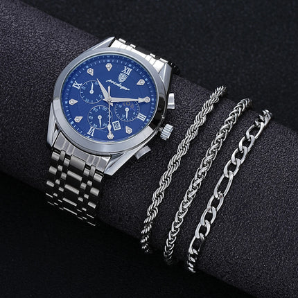 6 Pcs Set Men's Stainless Steel Watches Business Luxury Quartz Wristwatch Calendar Clock Casual Watch Necklace Bracelet Ring Set