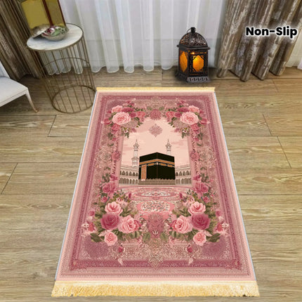 VIKAMA Muslim Prayer Rug with Pink Heart Print, Islamic Design Foldable Travel Mat, Washable And Portable For Salah, Eid, Hajj