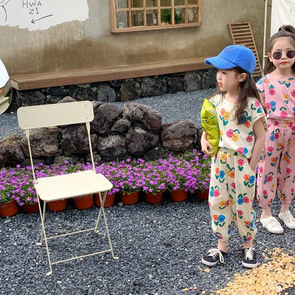 2026 Summer Children Girls 2PCS Clothes Set Cotton Floral Printed Short Sleeve Tees Suits Loose Cropped Pants Kids Girls Outfits