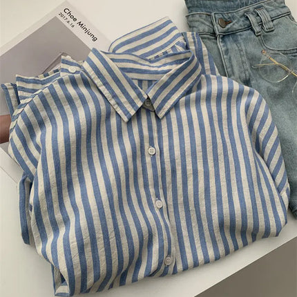 Blue Linen Striped Shirt for Women in Summer, Thin Sagging, Lazy and Slimming, Sun Blouse