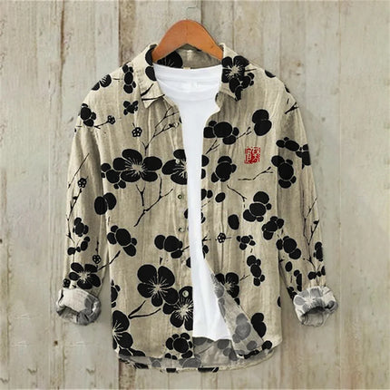 Men's Long Sleeve Shirt Linen Shirt Art Floral Illustration Japanese Retro Casual Comfort Extra Large Size Men's Clothing