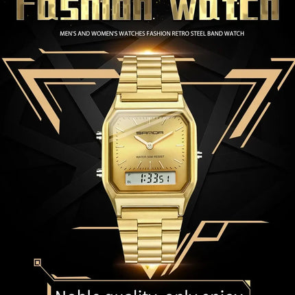 SANDA P747  Dual Display Clock Unisex Waterproof Sports Quartz Watch Luxury Mens Style Watches Stainless Steel Women LED Digital