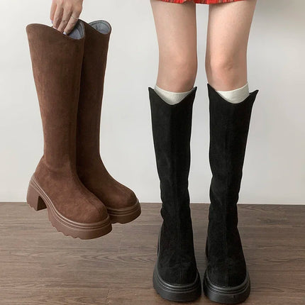 New Vintage Women Stretch Slim High Boots Fashion Back Zippers Shoes Autumn Winter Thick Heel Ladies Knight Long Booties 2025