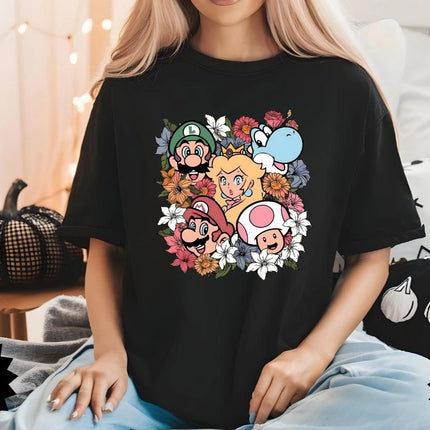 Floral Mario Birthday Shirt Super Mario Bros Movie T-shirt 2026 Summer New Men's Women Y2K Hip-hop Cotton Oversized T-shirt