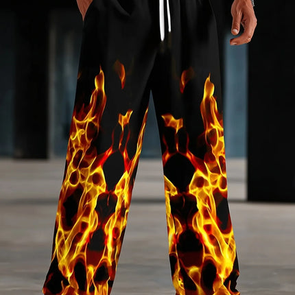 2025 Fashion Men's Optical Illusion Flame Trousers Baggy Pants Casual Pants Mid Waist Elastic Drawstring Waist Pants Fall Spring