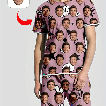 Men's Women's Facial Printed T-Shirt Shorts Set Personal Photo Customize Pajamas Comfortable Loose Home Set Valentine's Day Gift