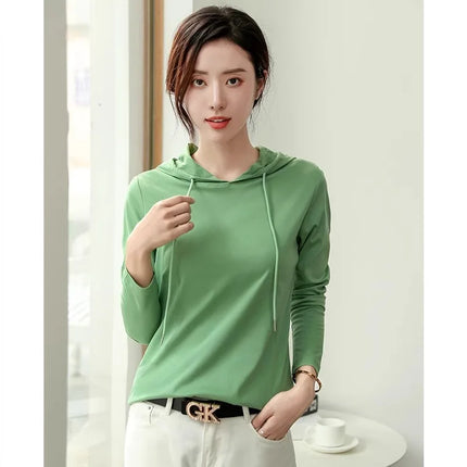 Silky cotton hooded sweatshirt T-shirt for women in spring 2025 new pure cotton versatile light luxury thin fashion base shirt