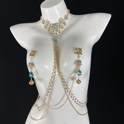 Sexy Sapphire Collar Body Chain Multiple Styles of Nipple Clamps Chest Restraint Fetish Female Accessories SM Anal Self-Pleasure