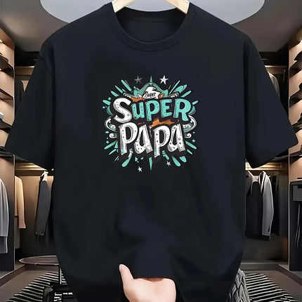 [Lightweight] Men's Super Papa Graphic T-Shirt - Bold Superhero Lettering & Family Design, Casual Round Neck Summer Outdoor Shir