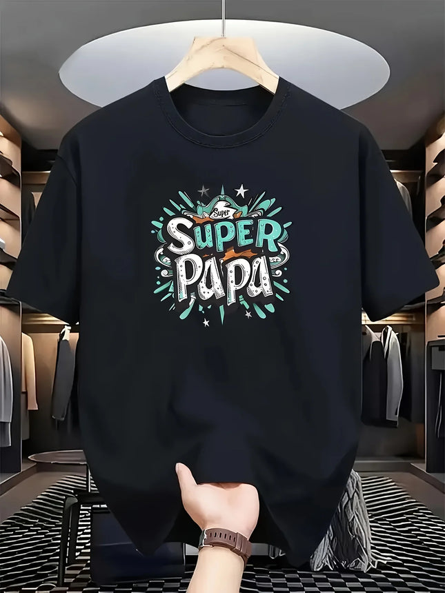 [Lightweight] Men's Super Papa Graphic T-Shirt - Bold Superhero Lettering & Family Design, Casual Round Neck Summer Outdoor Shir