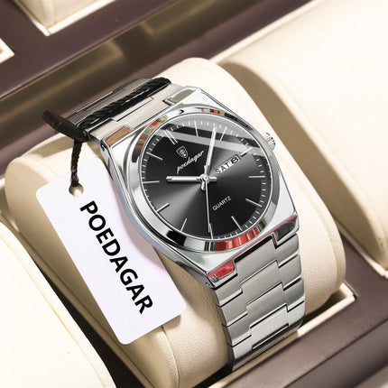 POEDAGAR Luxury Men Watch Stainless Steel Waterproof Luminous Men's Wristwatch Date Week Fashion Casual Men's Quartz Watches Reloj