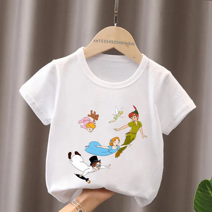 Hot Sale Peter Pan Tinker Bell Print Cartoon Kids T-Shirts Girls Clothes Baby Boys Short Sleeve T shirt Summer Children Tops
