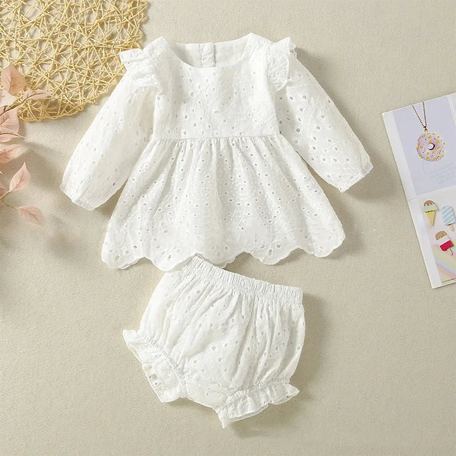 Long-sleeved Short Skirt Suit Casual Fashion Girls Openwork Oattern Design Solid Color Two-piece for Spring and Autumn Wear