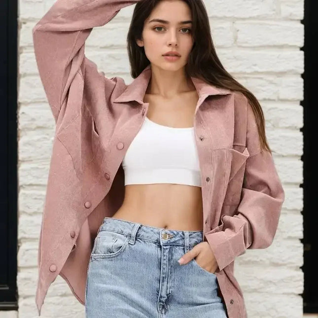 Women's Plus Size Retro Outerwear Collared Shirt Set with Loose Casual Corduroy Shirt
