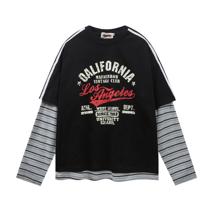 Retro patchwork color blocking casual loose print fake two-piece design sense round neck long sleeved T-shirt for men and women