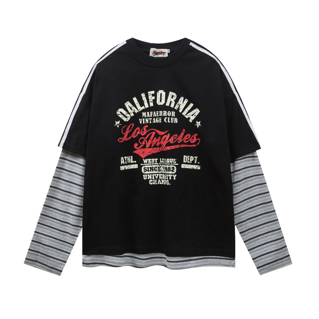 Retro patchwork color blocking casual loose print fake two-piece design sense round neck long sleeved T-shirt for men and women