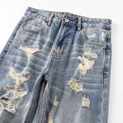 Spring Summer Broken Hole Denim Beggar Jeans Men Streetwear Fashion Hip Hop Loose Casual Baggy Ripped Jeans Pants Trousers