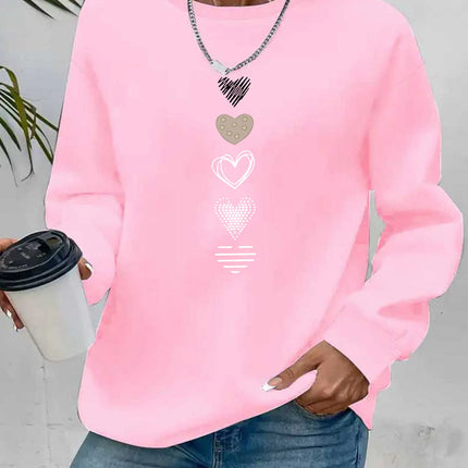 Women's Casual Heart Print Pullover Sweatshirt Geometric Design Long Sleeve Round Neck Machine Washable Regular Fit for Autum
