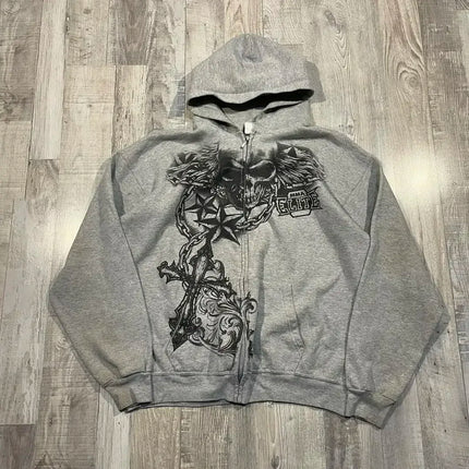 Y2K Harajuku Affliction Hoodie Retro Wing Pattern Printing Oversize Zipper Coat Men Women Hip Hop Personality Casual Sweatshirt