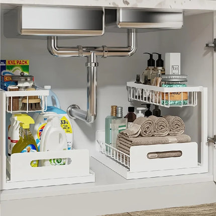 2-Tier Sliding Under Sink Organizer - Rustproof Metal Cabinet Storage for Kitchen and Bathroom Cleaning Supplies and Essentials