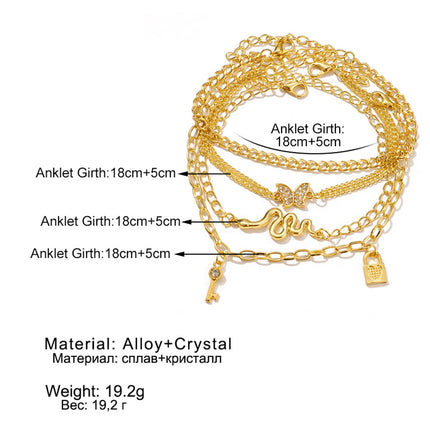 Bohemia Gold Color Snake Ankle Bracelet Set For Women Butterfly Key Lock Charm Multiple Styles Anklet Chain On Leg Boho Jewelry
