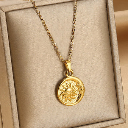 2025 Sun Moon Coin Pendant Necklace For Women Cute Fashion Gold Color Stainless Steel Round Necklace Sweet Jewelry Her Gifts