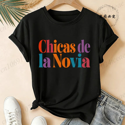 Women's Casual Short Sleeve T-Shirt Spanish Girl Bachelorette Party Graphic T-Shirts- Black White, Medium Stretch Round Neck