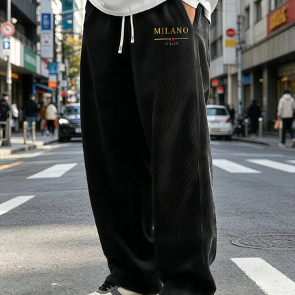 Men's Standing Corduroy Wide Leg Pants with Elastic Drawstring, Loose Straight Leg Pants, MILANO Letter Print, Choose From S-4XL