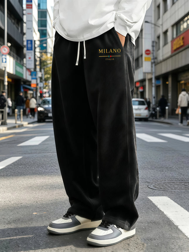 Men's Standing Corduroy Wide Leg Pants with Elastic Drawstring, Loose Straight Leg Pants, MILANO Letter Print, Choose From S-4XL