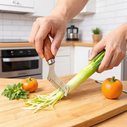 Professional Scallion Slicer Green Onion Cutter With Curved Design Stainless Steel Blades Wooden Handle Kitchen Cooking Tools
