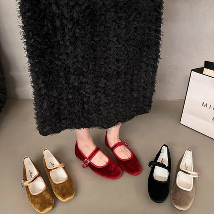 Vintage Flat Velvet Korean Style Mary's Single Shoes Women's 2024 New Spring Autumn Winter Red Warm Evening Shoes