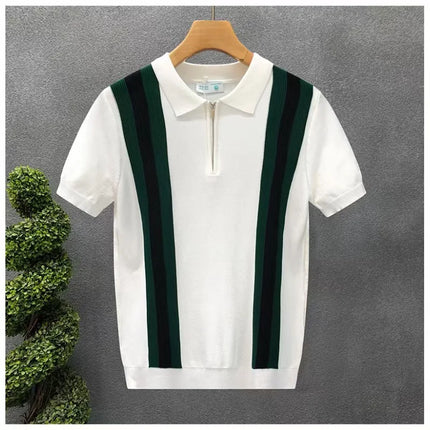 Summer New Men Slim-fit Luxury Knitted Polo Shirt Striped Patchwork T-shirt Casual Zipper Short Sleeve Tops Business Knitwear